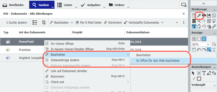 Online-Bearbeitungsfunktion auswaehlen